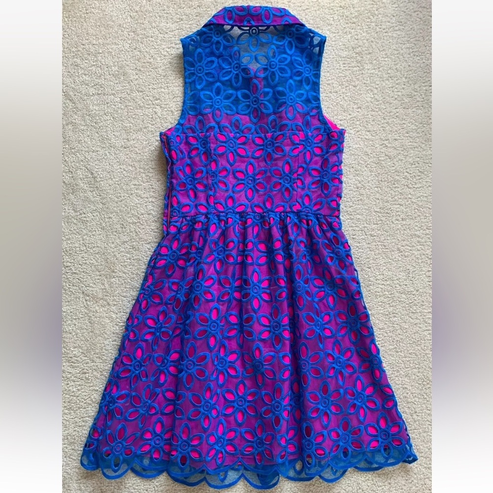 Lilly Pulitzer Pemberton Dress Sz 2 Royce Blue Daisy Floral Eyelet Retro Twee - Picture 2 of 14